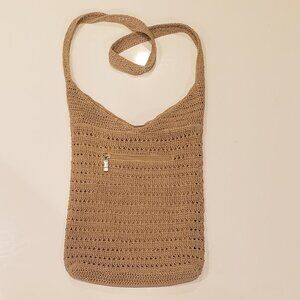 Natural Tan Crochet Cross Body Bag with Exterior Zipper Pocket